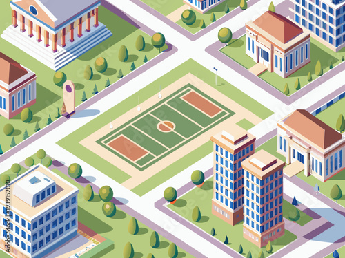 Isometric illustration of a city district with buildings and a sports court