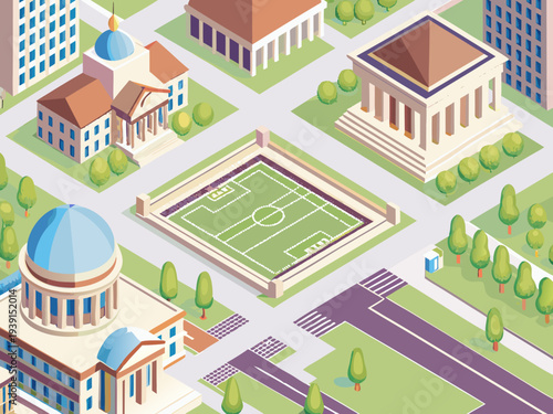 Isometric illustration of a city park with buildings and sports field
