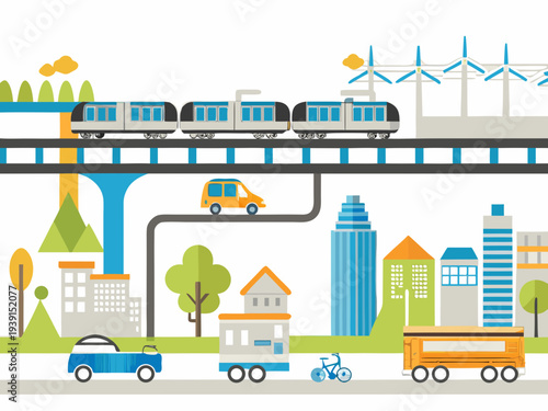 Modern city illustration featuring a sleek train and various transportation methods