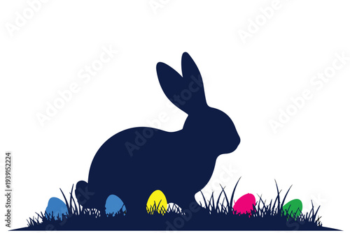 A cute cartoon Easter bunny sits on green grass with colorful holiday eggs in a happy spring vector illustration