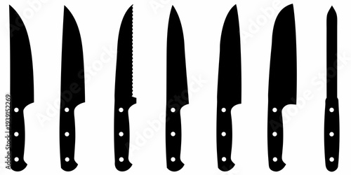 A collection of various kitchen knives in black silhouette form