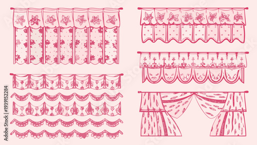 Vintage style sketches of decorative valances and curtains in pink tones