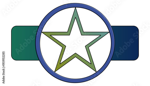 Graphic design element featuring a star icon within a blue circle, accompanied by a green and blue banner.