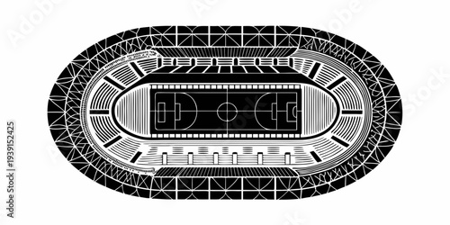 An intricate black and white illustration of a stadium s aerial view