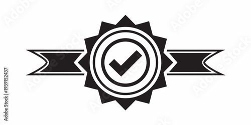Black and white badge with a checkmark inside a circular starburst