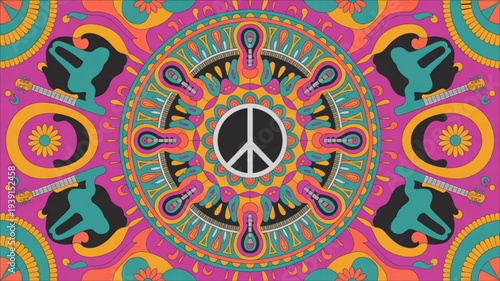 Vibrant peace symbol mandala with psychedelic patterns and silhouettes in bright colors and intricate details