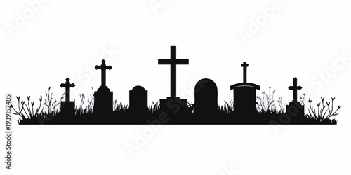 Silhouette of a graveyard with various tombstones and grassy elements