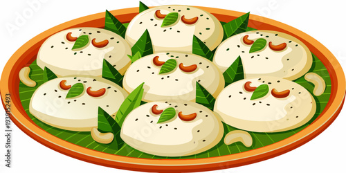 A colorful platter of rasgulla with pistachios cashews and green leaves