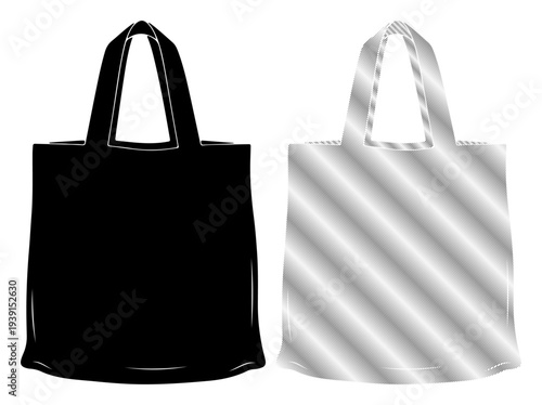 Two reusable tote bags, one black and one silver metallic, displayed side by side.