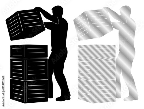 Worker stacking wooden crates, symbolizing logistics and storage.