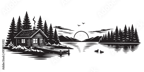Quiet Lakeside Sunset Silhouette, Silhouette Vector, Isolated on White Background