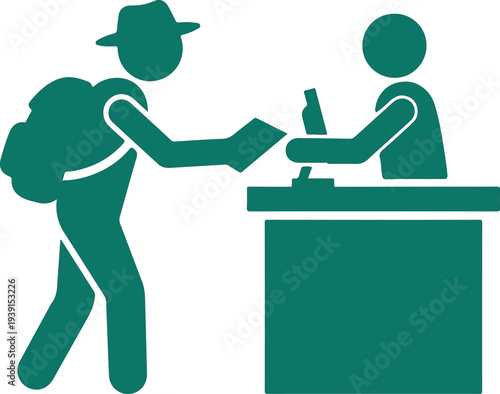 Abstract digital art vector with two silhouettes interacting at counter, backpack traveler handing document, service desk with computer design