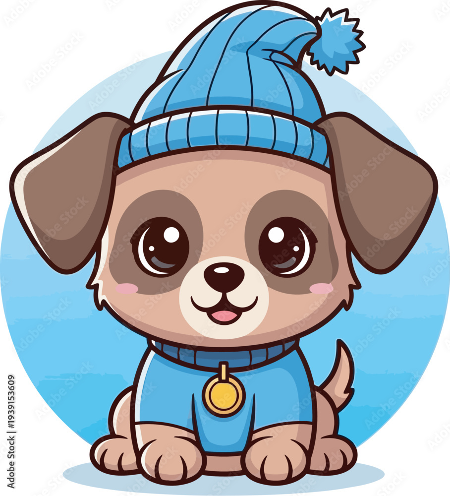 Fototapeta premium Adorable Cartoon Dog Wearing Blue Winter Hat and Sweater
