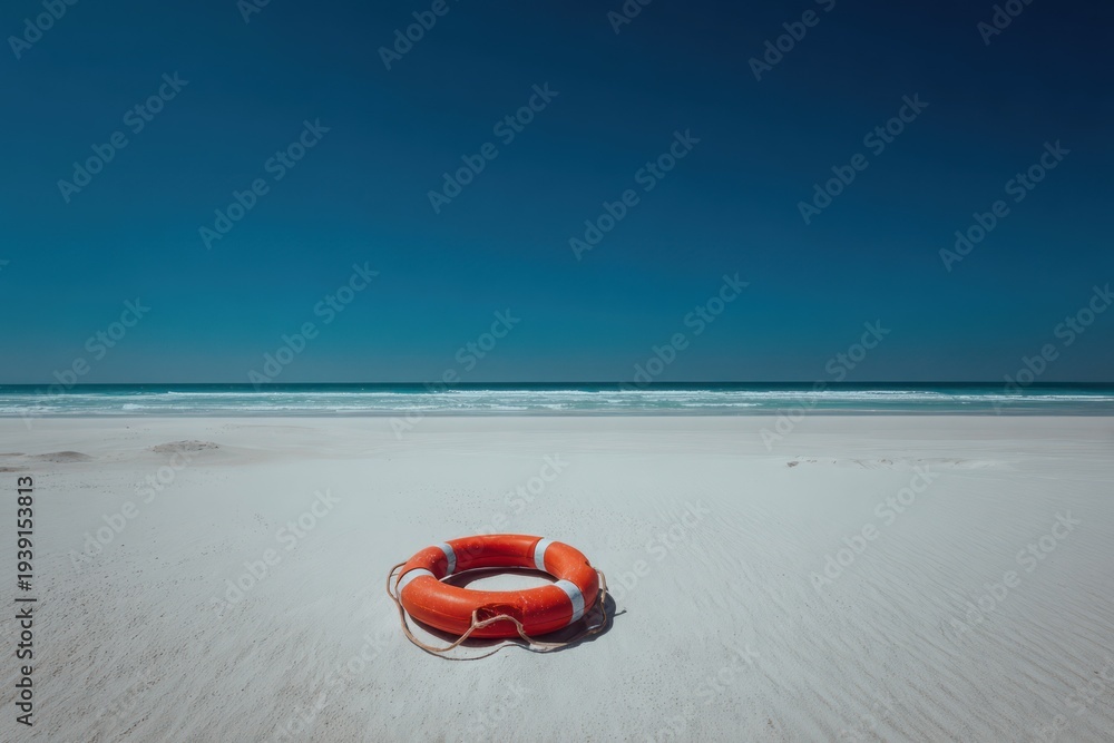 Obraz premium Lifebuoy On Beach Sand Ocean Backdrop
