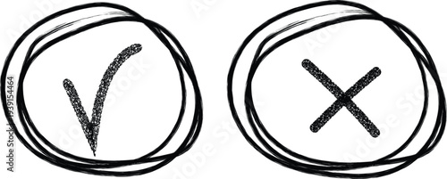 Hand-Drawn Check and Cross Mark in Circles with Bold Brush Stroke on White Background