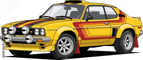 Vintage yellow sports car illustration with red stripes and four headlights on a clean white background from a front angle