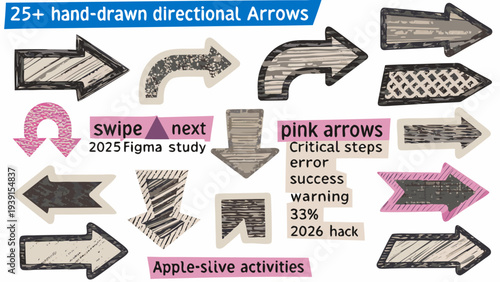 Collection of hand drawn directional arrows in various styles and colors