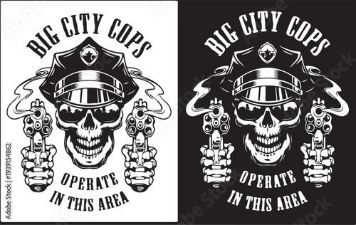 Print: Big City Cops Skull with Revolvers – Vintage Police Gang T‑Shirt Emblem Illustration