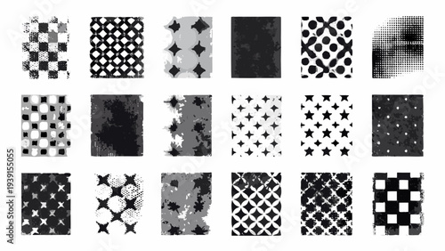 Assorted geometric patterns in grayscale with distressed textures
