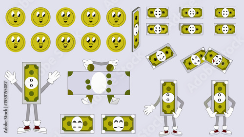 Cartoon money faces and figures arranged on a light purple background