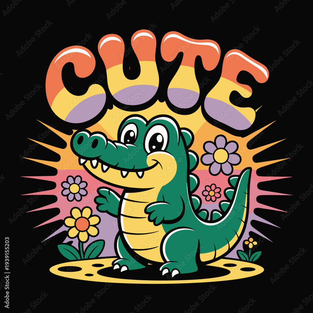 Fototapeta premium Cute Cartoon Crocodile with Flowers Kawaii Animal Character Typography Illustration