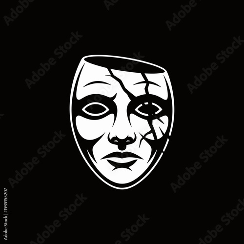 Broken Theater Mask Minimal Black and White Tragedy Drama Face Illustration