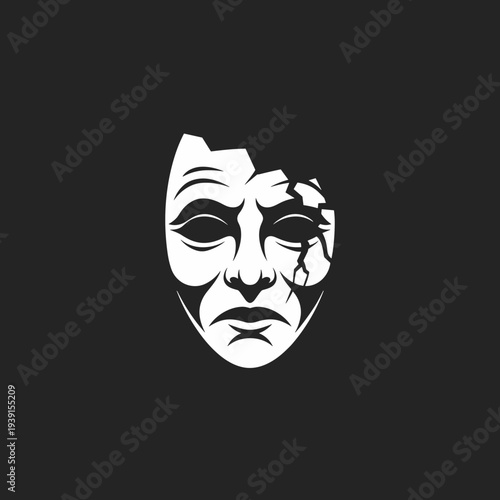 Broken Theater Mask Minimal Black and White Tragedy Drama Face Illustration