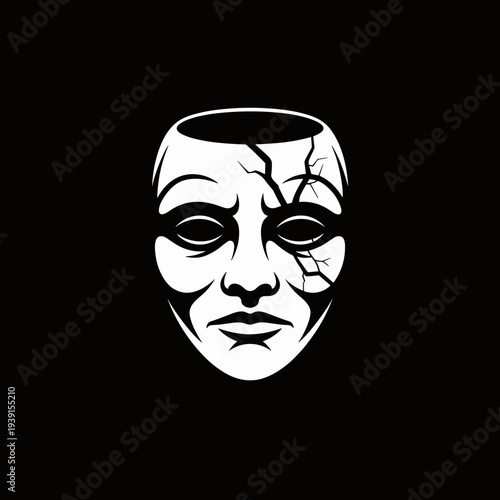 Broken Theater Mask Minimal Black and White Tragedy Drama Face Illustration