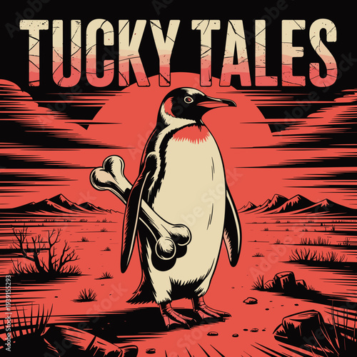 Tucky Tales Vintage Penguin Illustration Retro Wildlife Graphic Sunset Landscape Poster Design