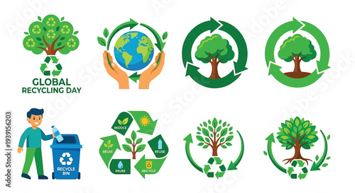 Global recycling day illustrations featuring trees earth and hands