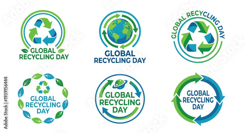 Global recycling day logos with earth leaves and circular arrows