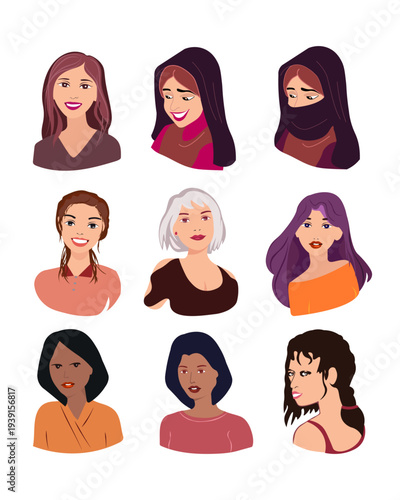 Girls heads icons. Avatars of female characters for applications. Vector illustration for game design and advertising. Images of different types of women. Set of persons.