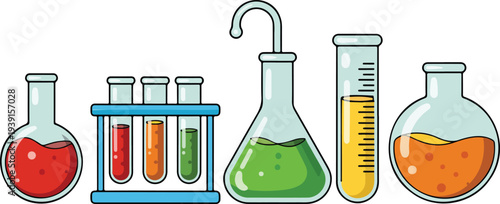 Minimal laboratory glassware line illustration set with flasks test tubes rack graduated cylinder arranged horizontally educational science chemistry equipment vector