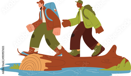 Minimal hiking adventure vector illustration of two hikers crossing fallen log bridge over water outdoor trekking activity scene