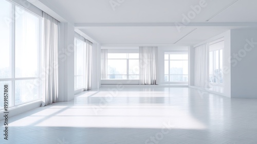 Bright minimal interior with wide shot, natural light filling clean modern space, high detail architecture, empty open room with simple calm design and bright airy atmosphere.