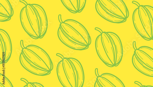 Starfruit Seamless Pattern. Carambola Fruit Illustration. Handdrawn Tropical Food Doodle. Repeating Exotic Fruit Texture. Minimalist Botanical Background. Fresh Fruit Pattern Design.