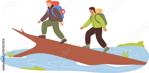 Minimal hiking adventure vector illustration of two hikers crossing fallen log bridge over water outdoor trekking activity scene