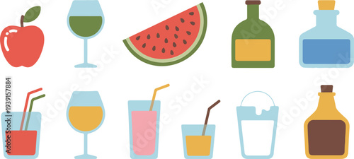 Minimal beverage and drink icon set featuring juice glasses bottles wine glass milkshake and fruit elements arranged in rows
