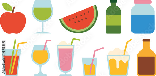Minimal beverage and drink icon set featuring juice glasses bottles wine glass milkshake and fruit elements arranged in rows