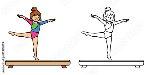 Cute little girl gymnast balancing on a beam, cartoon illustration with black and white outline version for coloring book