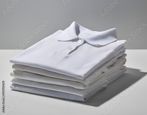 Stack of neatly folded white polo shirts on a bright surface; clothing apparel concept
