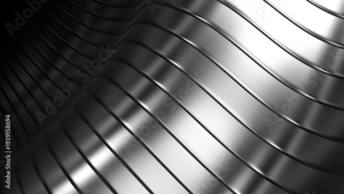 Silver metal striped pattern background, wavy shiny chrome metallic stripes pattern.