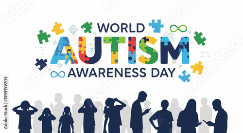 World Autism Awareness Day banner with diverse silhouettes in blue tone and puzzle pieces in colorful vibrant lighting for social media campaign