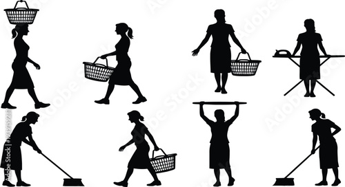Set of 8 housekeeping icons vector, cleaning service silhouette illustrations