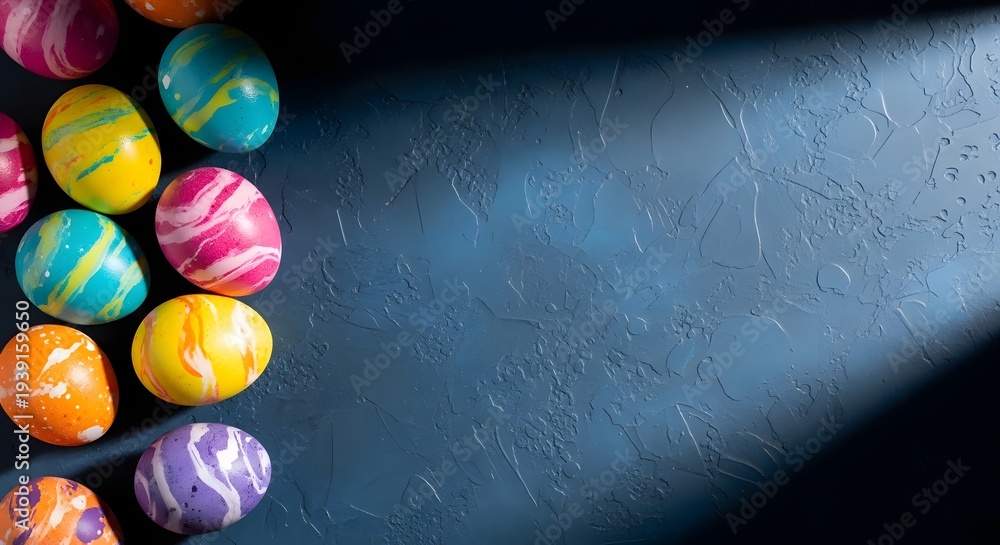 Obraz premium Vibrant easter eggs on dark background with sunlight