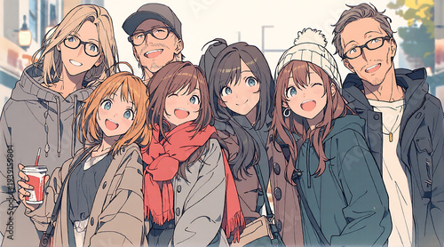 Anime style illustration of happy group of friends smiling together、仲良しの若者グループのアニメ風イラスト 友情と日常のライフスタイル
