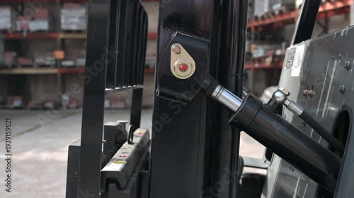 Close up hydraulic system of forklift industrial machinery mechanical detail. High quality 4k footage