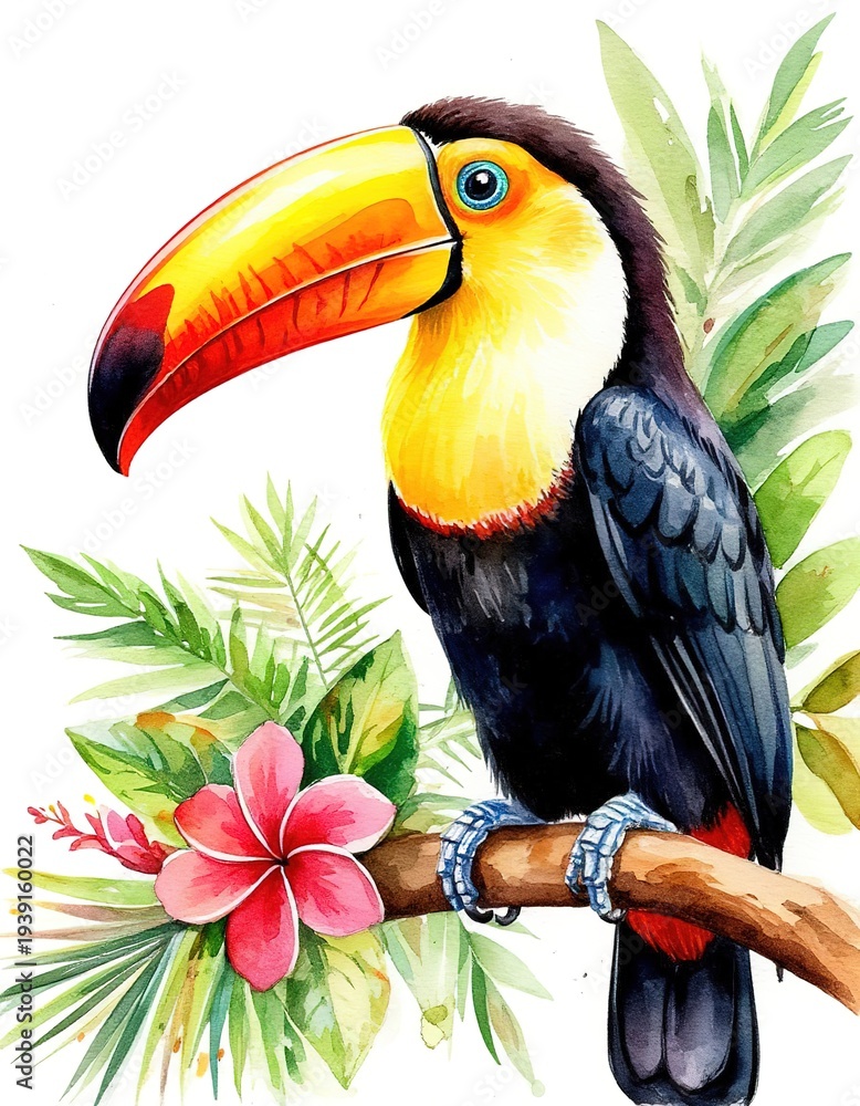 Fototapeta premium A toucan perched on a branch among foliage and flowers. Watercolor illustration of a bird portrait