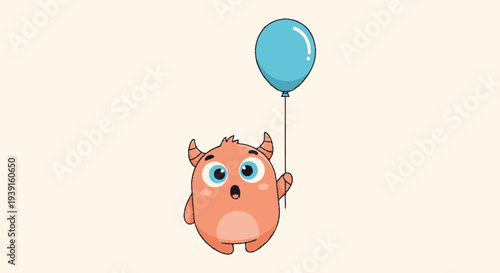 Cartoon Monster Holding Blue Balloon Illustration.
