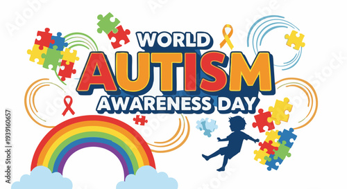 World Autism Awareness Day banner with colorful puzzle pieces and rainbow in vibrant playful style for social media campaign